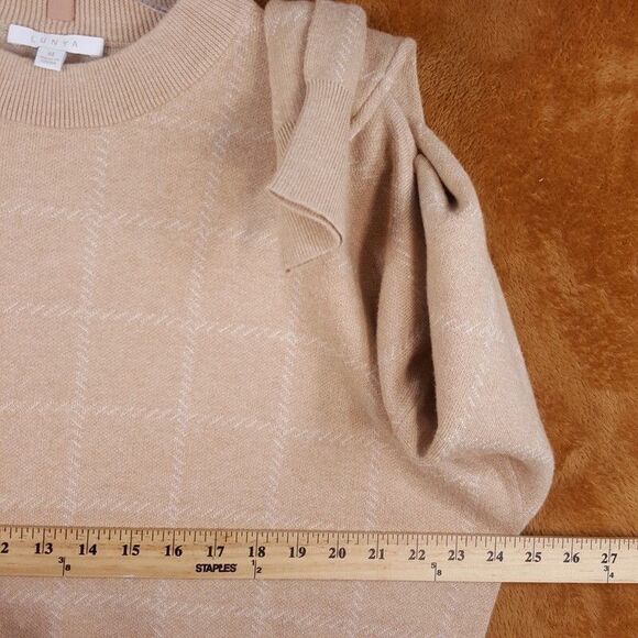 LUNYA Sweater Womens Medium Tan Plaid Crew Cozy Cotton Silk Pullover Comfort - Picture 6 of 8
